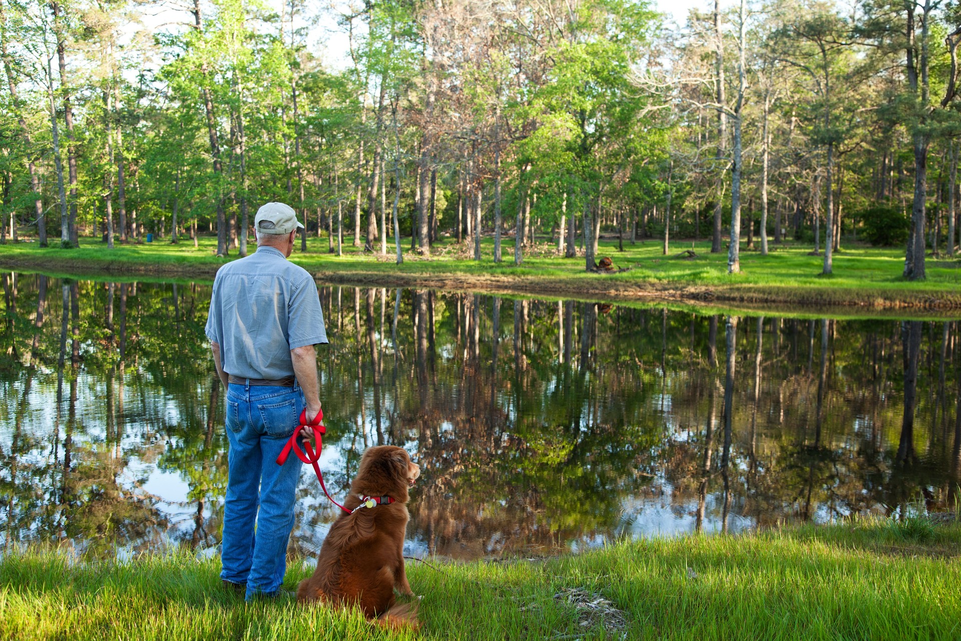 Texas lake.  Senior man and dog in foreground.